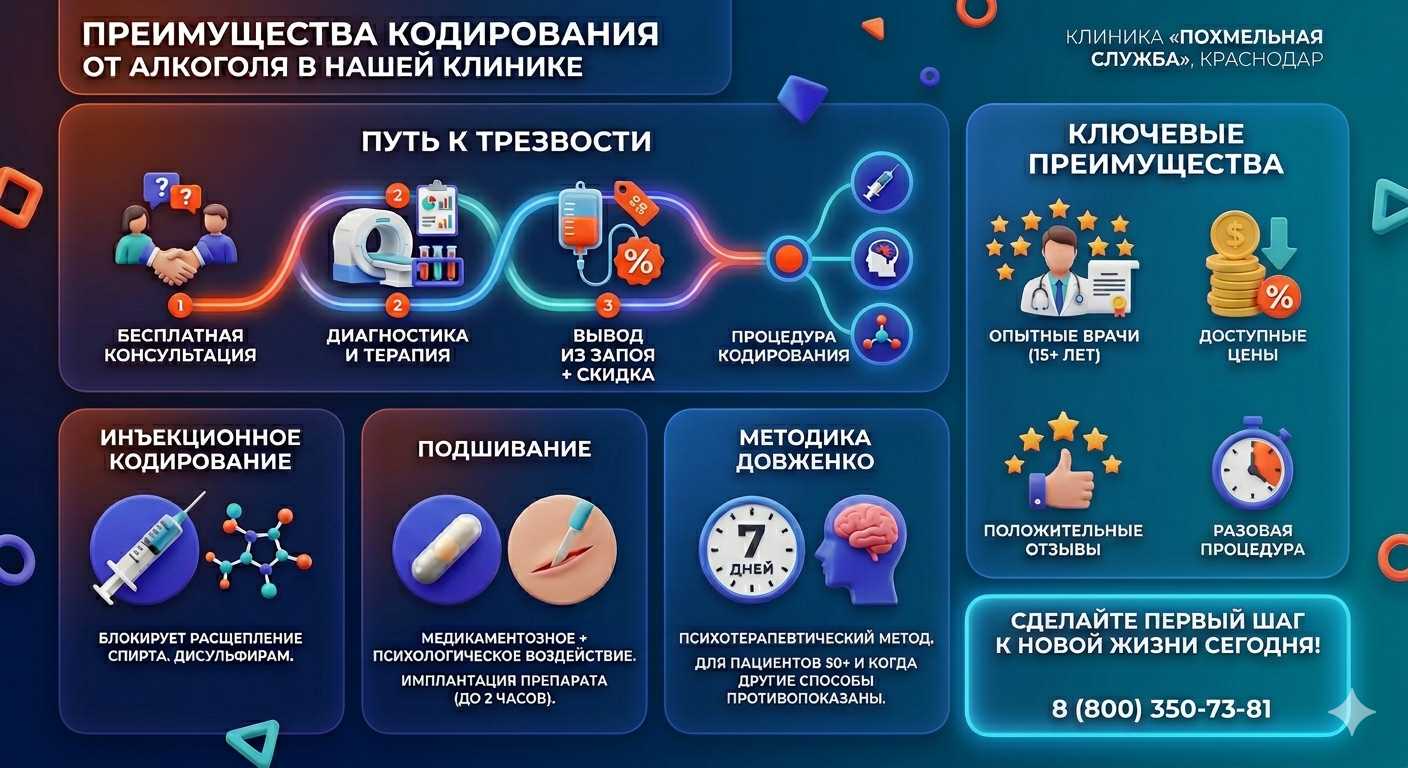 Инфографика о методах кодирования от алкоголя в Юрге: инъекции, подшивание, метод Довженко. Преимущества клиники и этапы лечения.