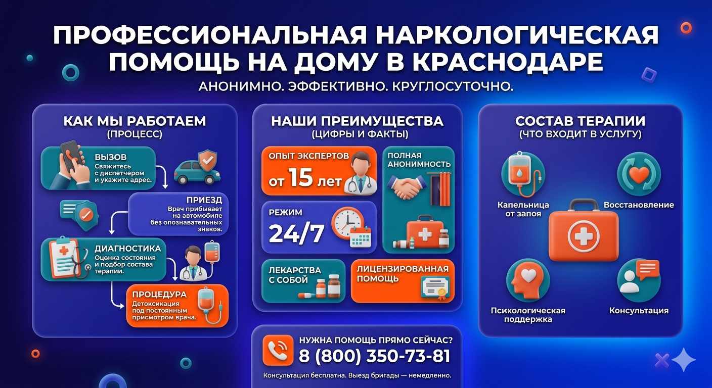 Инфографика о принципах лечения алкоголизма на дому в Юрге: этапы вызова нарколога, преимущества анонимной детоксикации и состав медицинской помощи.